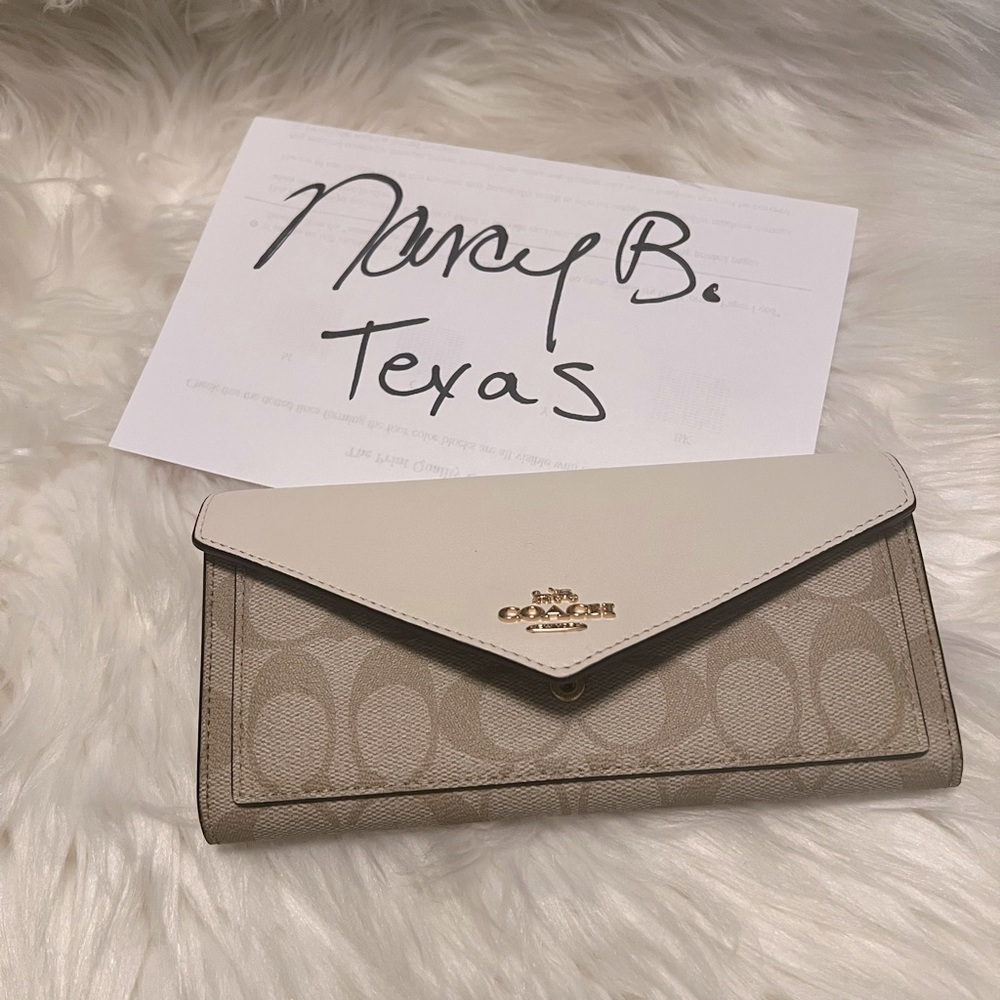COACH Signature Slim Envelope Style Wallet Camel White/Cream Color Monogram